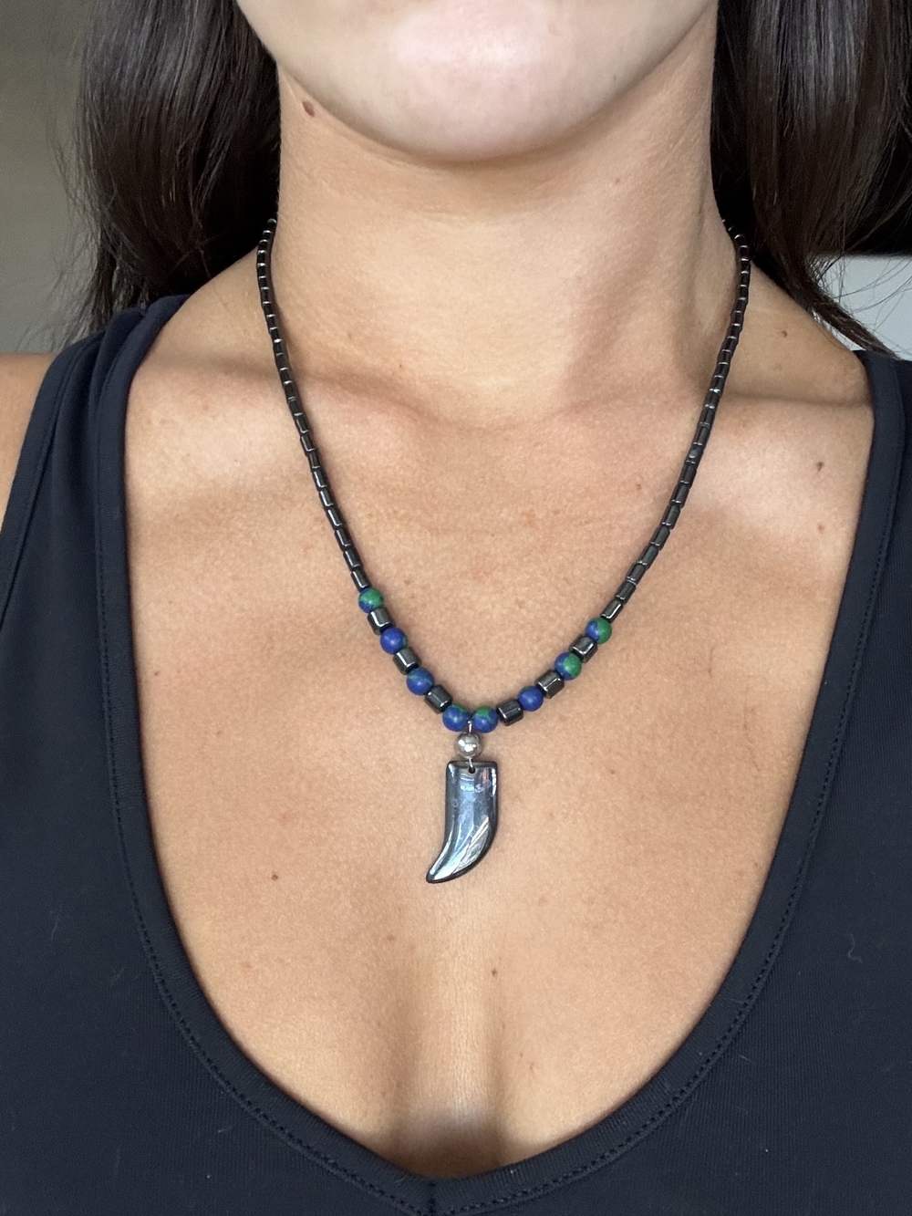 Handmade Blue-Green Beaded Necklace with Iridescent Tooth Pendant